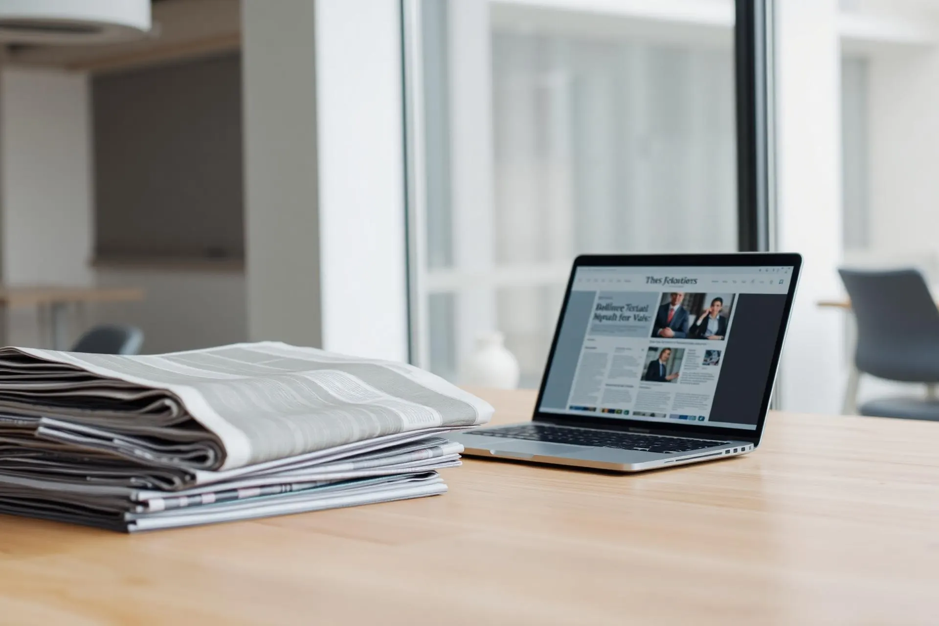Zeitungsstapel neben Laptop mit Nachrichtenartikel
